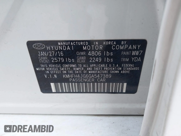 2016 Hyundai Azera Limited с VIN KMHFH4JG6GA547389, выставлен на аукционе IAAI как лот 42374403 с пробегом 164 843 миль миль и . История ставок и продаж доступна на DreamBid. Изображение 9.