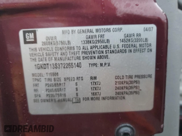 2007 GMC Envoy SLE with VIN 1GKDT13S372265140, listed as a Copart auction lot 84198914 with 256,650 mi miles and Salvage Title. Bid and sale history available at carsss.com. Image 13.