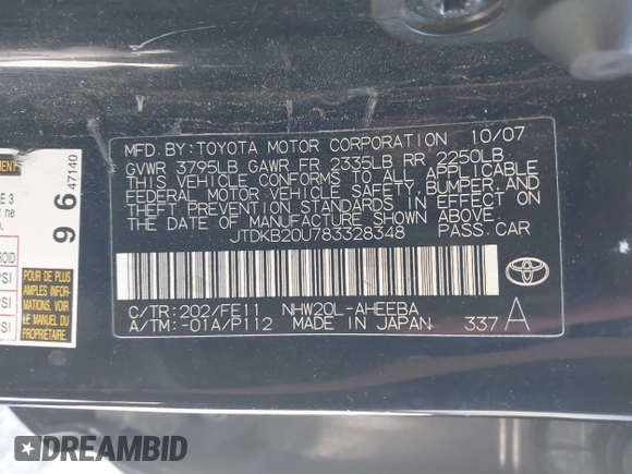 2008 Toyota Prius with VIN JTDKB20U783328348, listed as a IAAI auction lot 41949989 with 189,872 mi miles. Bid and sale history available at carsss.com. Image 9.
