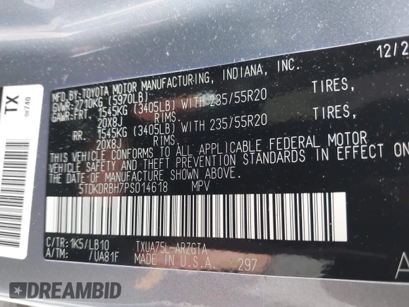 2023 Toyota Highlander L with VIN 5TDKDRBH7PS014618, listed as a IAAI auction lot 42363989 with 39,142 mi miles and . Bid and sale history available at DreamBid. Image 9.
