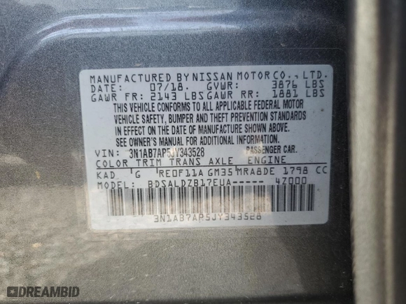 2018 Nissan Sentra SV with VIN 3N1AB7AP5JY343528, listed as a Copart auction lot 48123355 with 69,007 mi miles and Salvage Title. Bid and sale history available at carsss.com. Image 14.