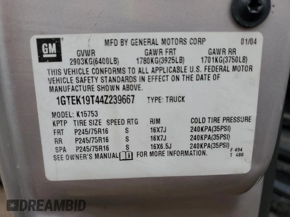 2004 GMC Sierra 1500 SLE with VIN 1GTEK19T44Z239667, listed as a Copart auction lot 61437835 with 203,264 mi miles and Clean title. Bid and sale history available at DreamBid. Image 12.