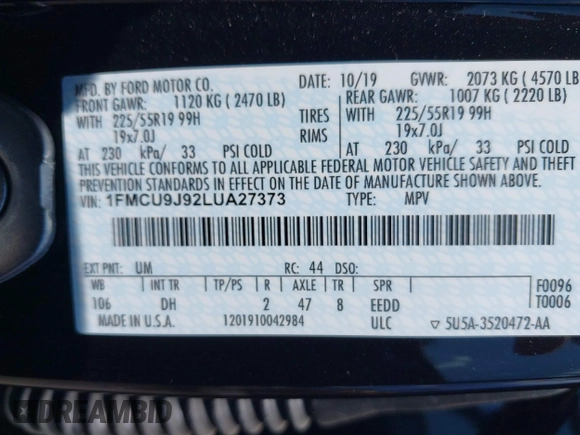 2020 Ford Escape Titanium with VIN 1FMCU9J92LUA27373, listed as a IAAI auction lot 42650077 with 42,179 mi miles and . Bid and sale history available at DreamBid. Image 9.