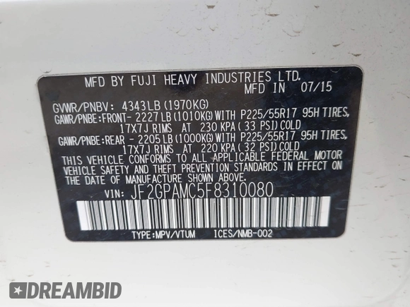 2015 Subaru XV Crosstrek Limited with VIN JF2GPAMC5F8310080, listed as a IAAI auction lot 41706928 with 115,629 mi miles. Bid and sale history available at carsss.com. Image 9.