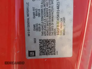 2019 Chevrolet Camaro 1LT with VIN 1G1FB3DX5K0148217, listed as a Copart auction lot 48818933 with 68,045 mi miles. Bid and sale history available at carsss.com. Image 12.