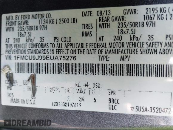 2014 Ford Escape Titanium with VIN 1FMCU9J99EUA75276, listed as a IAAI auction lot 42148537 with 163,330 mi miles and . Bid and sale history available at DreamBid. Image 9.