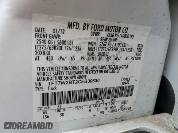 2012 Ford F-250 XL с VIN 1FT7W2BT2CEB30630, выставлен на аукционе Copart как лот 57613565 с пробегом Не указан миль и Списание • Salvage title. История ставок и продаж доступна на DreamBid. Изображение 12.