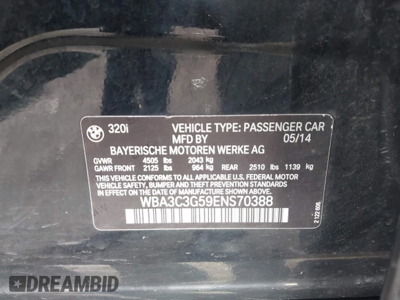 2014 BMW 3 Series 320i xDrive with VIN WBA3C3G59ENS70388, listed as a IAAI auction lot 41962815 with 195,393 mi miles. Bid and sale history available at carsss.com. Image 9.