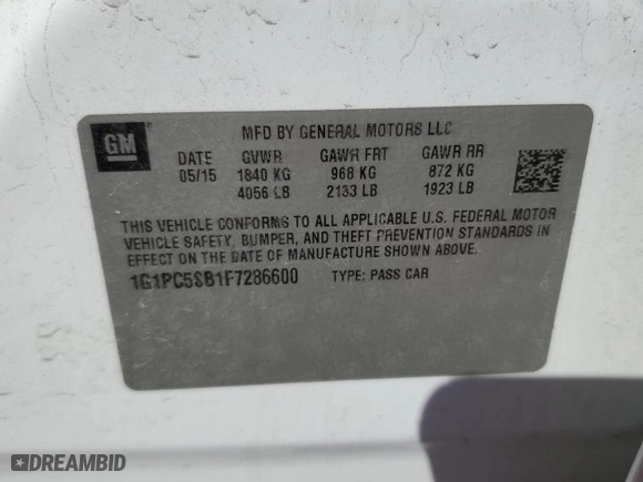 2015 Chevrolet Cruze LT with VIN 1G1PC5SB1F7286600, listed as a Copart auction lot 52152485 with 153,151 mi miles and Salvage Title. Bid and sale history available at carsss.com. Image 12.