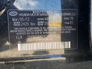 2012 Hyundai Sonata Limited with VIN 5NPEC4AB9CH487419, listed as a Copart auction lot 65476983 with Not Provided miles and Salvage Title. Bid and sale history available at DreamBid. Image 13.