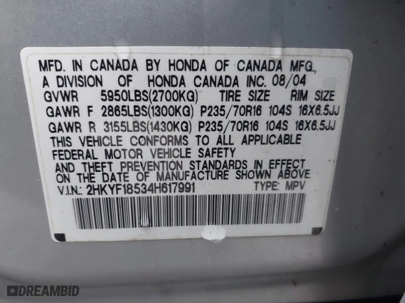 2004 Honda Pilot EX with VIN 2HKYF18534H617991, listed as a IAAI auction lot 41855906 with 193,084 mi miles. Bid and sale history available at carsss.com. Image 9.