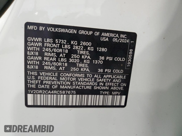 2024 Volkswagen Atlas SE с VIN 1V2DR2CA4RC587675, выставлен на аукционе Copart как лот 55199925 с пробегом 20 066 миль миль и Списание • Salvage title. История ставок и продаж доступна на DreamBid. Изображение 13.