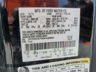 2013 Ford F-150 XL with VIN 1FTFW1ET9DFA25841, listed as a Copart auction lot 61506985 with 151,596 mi miles and Clean title. Bid and sale history available at DreamBid. Image 12.