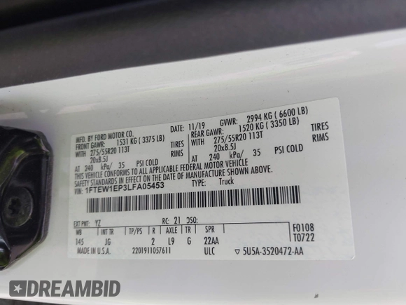 2020 Ford F-150 XL z VIN 1FTEW1EP3LFA05453, wystawiony jako IAAI lot #42644402 z przebiegiem 163 933 mil mil oraz . Historia ofert i sprzedaży dostępna na DreamBid. Obrazek 9.