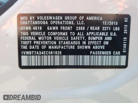 2014 Volkswagen Passat SE z VIN 1VWBT7A34EC061825, wystawiony jako Copart lot #59903665 z przebiegiem 185 542 mil mil oraz Szkoda całkowita • Salvage title. Historia ofert i sprzedaży dostępna na DreamBid. Obrazek 12.