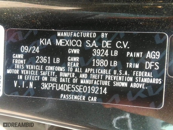 2025 Kia K4 EX with VIN 3KPFU4DE5SE019214, listed as a IAAI auction lot 41959184 with 2,438 mi miles. Bid and sale history available at carsss.com. Image 9.
