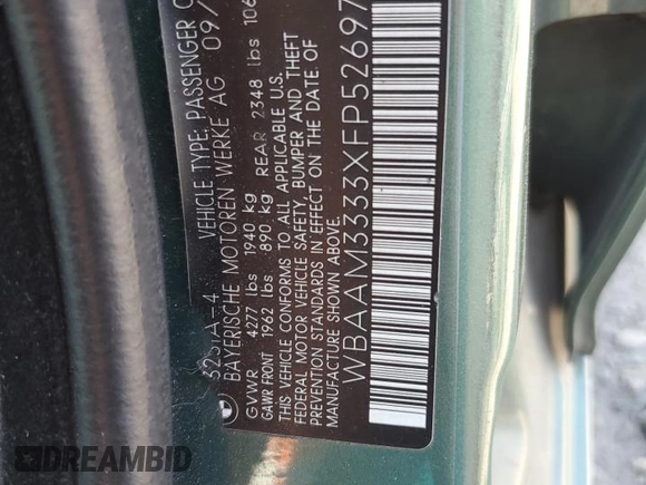 1999 BMW 3 Series 323i z VIN WBAAM3333XFP52697, wystawiony jako Copart lot #62747084 z przebiegiem 252 596 mil mil oraz Szkoda całkowita • Salvage title. Historia ofert i sprzedaży dostępna na DreamBid. Obrazek 12.