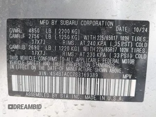2025 Subaru Outback Premium with VIN 4S4BTACC7S3169389, listed as a IAAI auction lot 42180479 with 13,479 mi miles and . Bid and sale history available at DreamBid. Image 9.