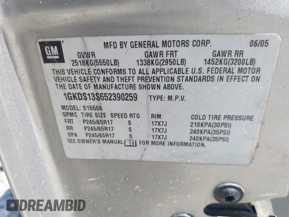 2005 GMC Envoy SLE with VIN 1GKDS13S652390259, listed as a IAAI auction lot 41825258 with 162,172 mi miles and . Bid and sale history available at DreamBid. Image 9.