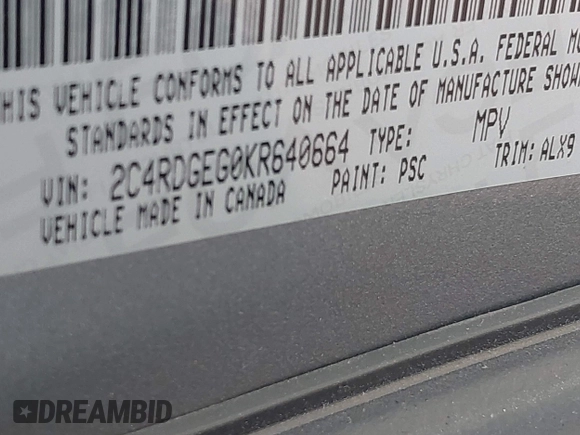 2019 Dodge Grand Caravan GT with VIN 2C4RDGEG0KR640664, listed as a IAAI auction lot 42139160 with 73,591 mi miles and . Bid and sale history available at DreamBid. Image 9.