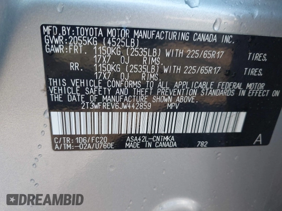 2018 Toyota RAV4 XLE with VIN 2T3WFREV6JW442859, listed as a IAAI auction lot 42252071 with 67,749 mi miles and . Bid and sale history available at DreamBid. Image 9.