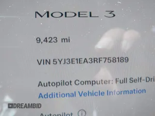 2024 Tesla Model 3 with VIN 5YJ3E1EA3RF758189, listed as a IAAI auction lot 41987653 with 9,423 mi miles. Bid and sale history available at carsss.com. Image 15.