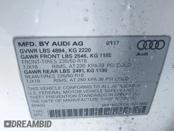 2017 Audi Q3 Premium with VIN WA1ECCFS9HR017842, listed as a IAAI auction lot 41400330 with 106,884 mi miles. Bid and sale history available at carsss.com. Image 9.