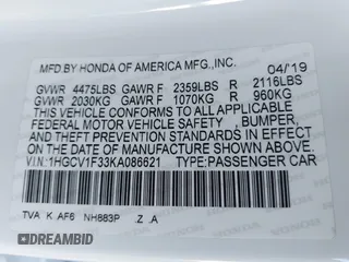 2019 Honda Accord Sedan Sport 1.5T with VIN 1HGCV1F33KA086621, listed as a IAAI auction lot 41612182 with 74,577 mi miles. Bid and sale history available at carsss.com. Image 9.