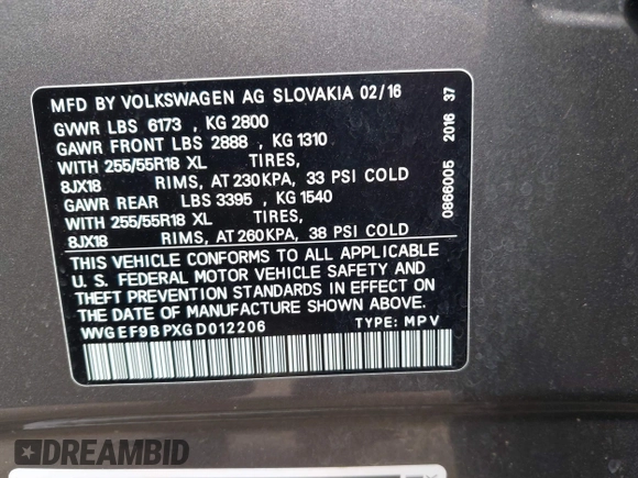2016 Volkswagen Touareg Sport with VIN WVGEF9BPXGD012206, listed as a IAAI auction lot 42115314 with Not Provided miles and . Bid and sale history available at DreamBid. Image 9.