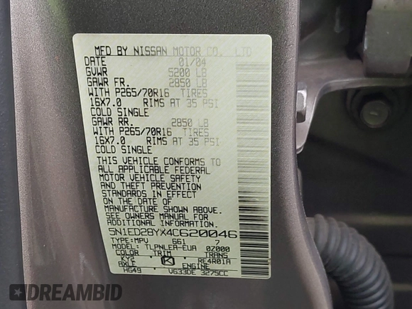 2004 Nissan Xterra XE with VIN 5N1ED28YX4C620046, listed as a IAAI auction lot 42081159 with 173,480 mi miles and . Bid and sale history available at DreamBid. Image 9.