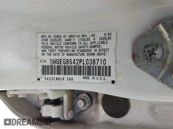 1993 Honda Civic DX z VIN 1HGEG8542PL038710, wystawiony jako IAAI lot #41956929 z przebiegiem 218 360 mil mil oraz . Historia ofert i sprzedaży dostępna na DreamBid. Obrazek 9.