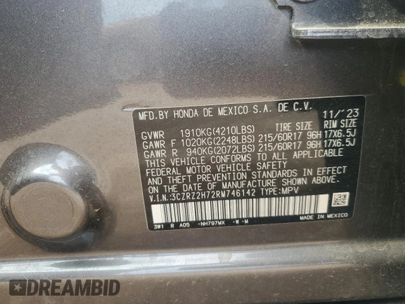 2024 Honda HR-V EX-L with VIN 3CZRZ2H72RM746142, listed as a Copart auction lot 59105515 with 10,962 mi miles and Salvage title. Bid and sale history available at DreamBid. Image 12.