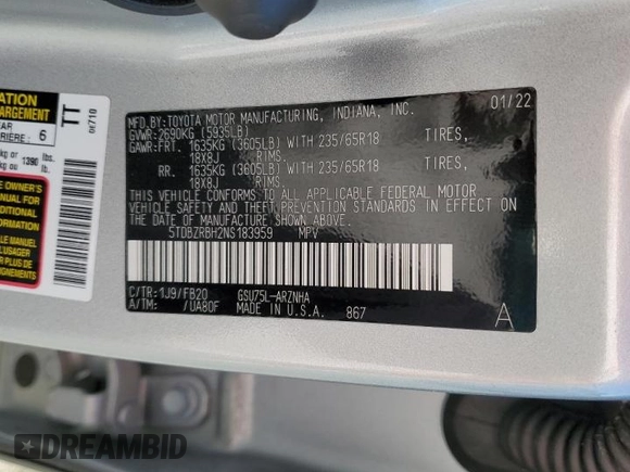 2022 Toyota Highlander LE with VIN 5TDBZRBH2NS183959, listed as a Copart auction lot 49261773 with 38,555 mi miles and . Bid and sale history available at DreamBid. Image 13.