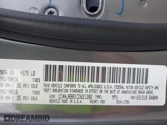 2012 Jeep Patriot Sport with VIN 1C4NJRBB1CD621282, listed as a IAAI auction lot 42005917 with 54,023 mi miles. Bid and sale history available at carsss.com. Image 9.