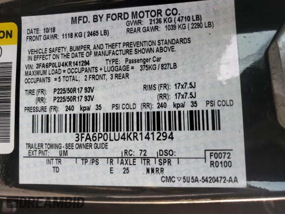 2019 Ford Fusion Hybrid SE with VIN 3FA6P0LU4KR141294, listed as a Copart auction lot 65058972 with 96,211 mi miles. Bid and sale history available at carsss.com. Image 12.