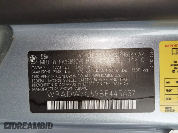 2011 BMW 3 Series 328i with VIN WBADW7C59BE443637, listed as a IAAI auction lot 42628837 with 34,328 mi miles and . Bid and sale history available at DreamBid. Image 9.
