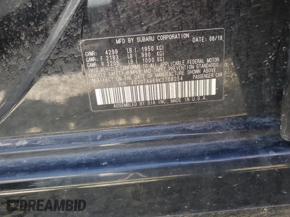 2019 Subaru Impreza with VIN 4S3GTAA68K3708254, listed as a Copart auction lot 57991495 with 52,773 mi miles and Salvage title. Bid and sale history available at DreamBid. Image 12.