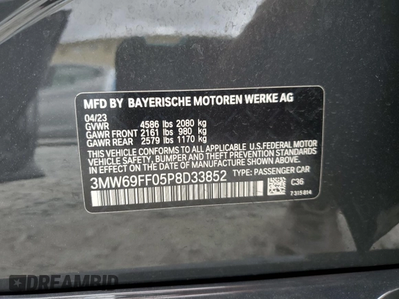 2023 BMW 3 Series 330i with VIN 3MW69FF05P8D33852, listed as a Copart auction lot 52694485 with 29,862 mi miles and Salvage title. Bid and sale history available at DreamBid. Image 12.