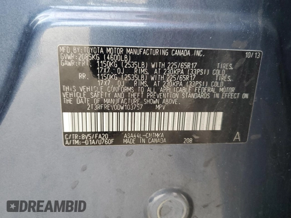 2013 Toyota RAV4 XLE with VIN 2T3RFREV0DW103757, listed as a Copart auction lot 56515265 with Not provided miles and Clean title. Bid and sale history available at DreamBid. Image 13.