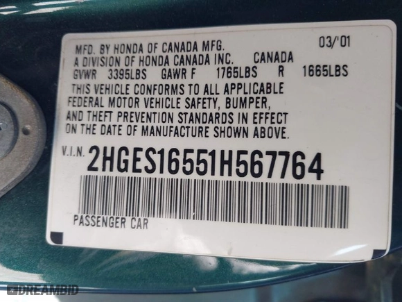 2001 Honda Civic LX with VIN 2HGES16551H567764, listed as a IAAI auction lot 41908288 with 137,740 mi miles. Bid and sale history available at carsss.com. Image 9.