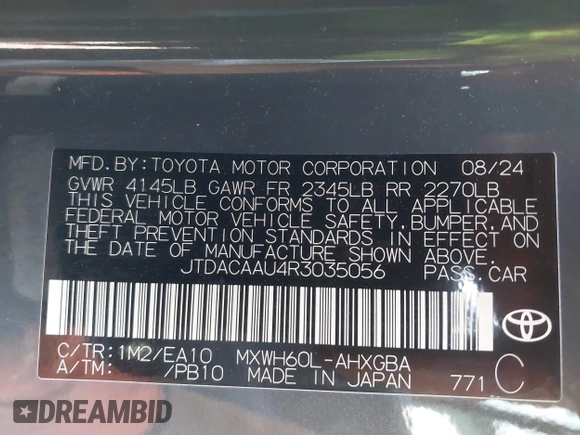 2024 Toyota Prius LE with VIN JTDACAAU4R3035056, listed as a IAAI auction lot 41689465 with 217 mi miles and . Bid and sale history available at carsss.com. Image 9.