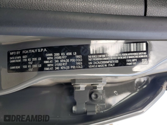 2021 Jeep Renegade Latitude with VIN ZACNJDBB6MPM76100, listed as a Copart auction lot 80125404 with 19,264 mi miles and Salvage title. Bid and sale history available at DreamBid. Image 13.