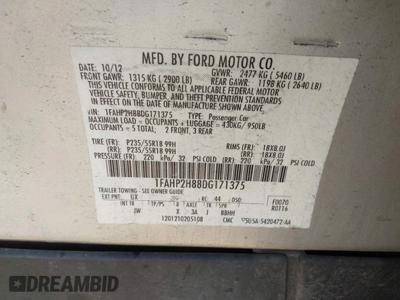 2013 Ford Taurus SEL with VIN 1FAHP2H88DG171375, listed as a IAAI auction lot 42110345 with 169,000 mi miles and . Bid and sale history available at DreamBid. Image 9.