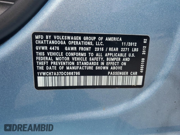 2013 Volkswagen Passat SEL Premium with VIN 1VWCH7A37DC066795, listed as a Copart auction lot 52380595 with 128,439 mi miles and Clean Title. Bid and sale history available at carsss.com. Image 12.