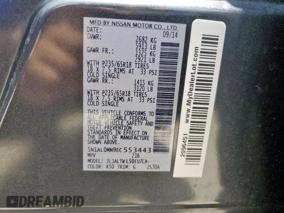 2014 Infiniti QX60 z VIN 5N1AL0MN9EC553443, wystawiony jako Copart lot #64079695 z przebiegiem 157 143 mil mil oraz Szkoda całkowita • Salvage title. Historia ofert i sprzedaży dostępna na DreamBid. Obrazek 13.