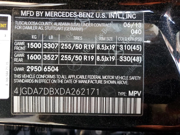 2013 Mercedes-Benz M 550 with VIN 4JGDA7DBXDA262171, listed as a Copart auction lot 52435385 with Not provided miles and Salvage title. Bid and sale history available at DreamBid. Image 12.