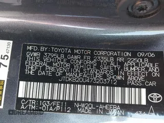 2007 Toyota Prius with VIN JTDKB20U473203712, listed as a IAAI auction lot 41937290 with 192,795 mi miles and . Bid and sale history available at carsss.com. Image 9.