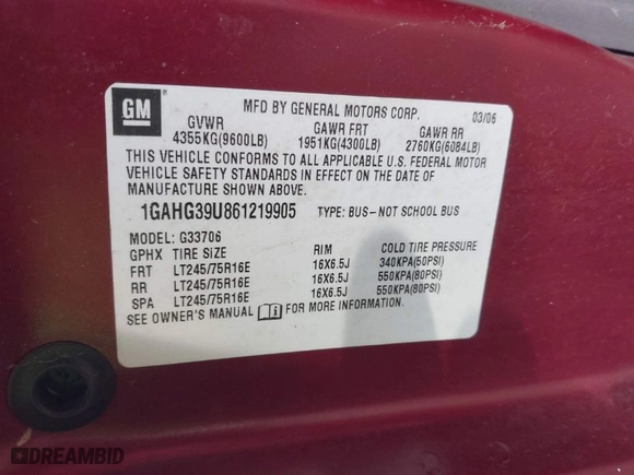 2006 Chevrolet Express Passenger with VIN 1GAHG39U861219905, listed as a IAAI auction lot 41910472 with 199,665 mi miles. Bid and sale history available at carsss.com. Image 9.