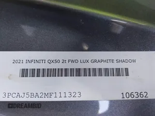 2021 Infiniti QX50 Luxe z VIN 3PCAJ5BA2MF111323, wystawiony jako IAAI lot #42218711 z przebiegiem 27 864 mil mil oraz . Historia ofert i sprzedaży dostępna na DreamBid. Obrazek 9.