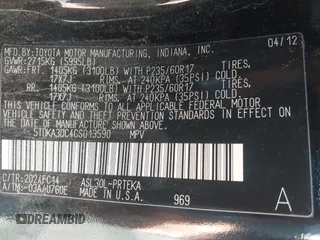 2012 Toyota Sienna with VIN 5TDKA3DC4CS013590, listed as a IAAI auction lot 41423163 with 109,845 mi miles and . Bid and sale history available at DreamBid. Image 9.